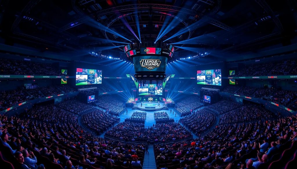Панорама арены киберспорт League of Legends 2025 с болельщиками